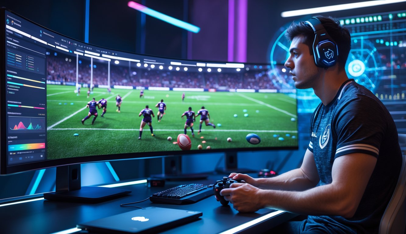 Seorang pemain esports muda yang fokus bermain game rugby di depan monitor besar dengan grafik data prediksi pertandingan di sekitar.