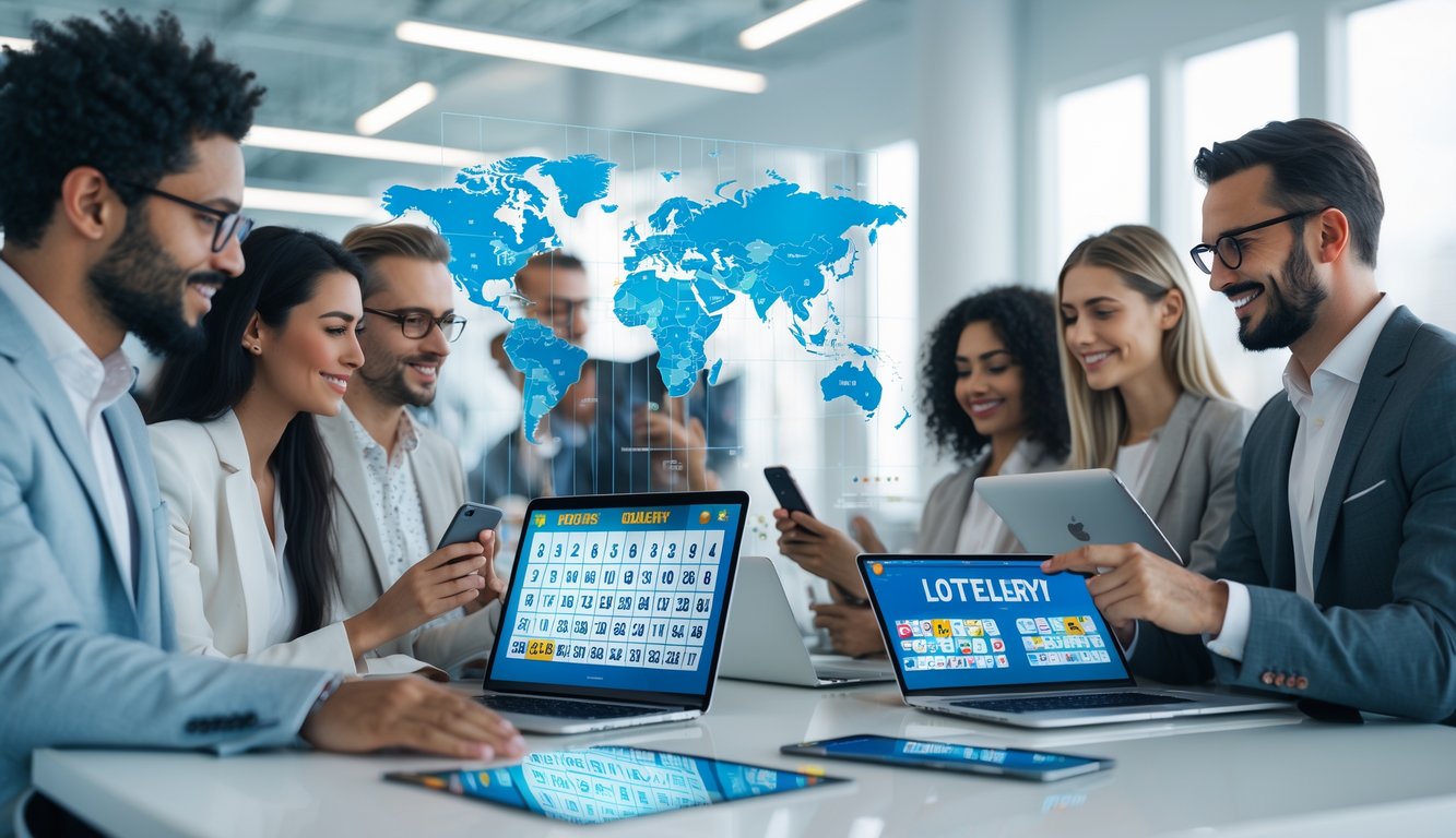Beberapa orang menggunakan perangkat digital di kantor modern untuk mengakses pasar togel dunia secara online.