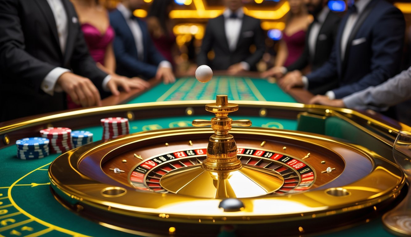 Meja roulette dengan bola putih yang berputar di roda roulette emas di dalam kasino.