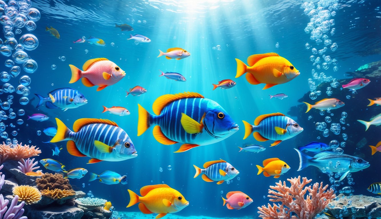 Pemandangan bawah laut yang penuh ikan berwarna-warni berenang di air jernih dengan terumbu karang.