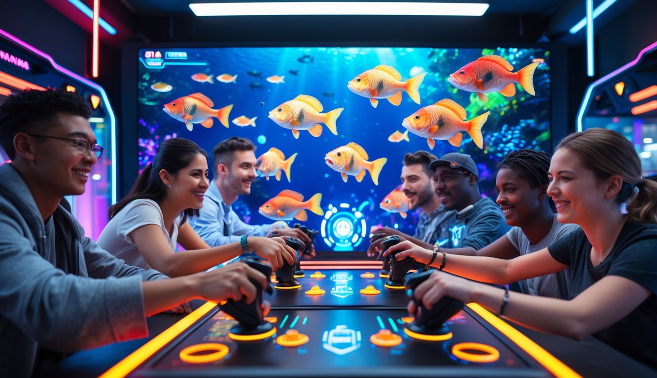 Sejumlah pemain sedang asyik bermain permainan menembak ikan dengan layar digital berwarna-warni di sebuah arena permainan modern.