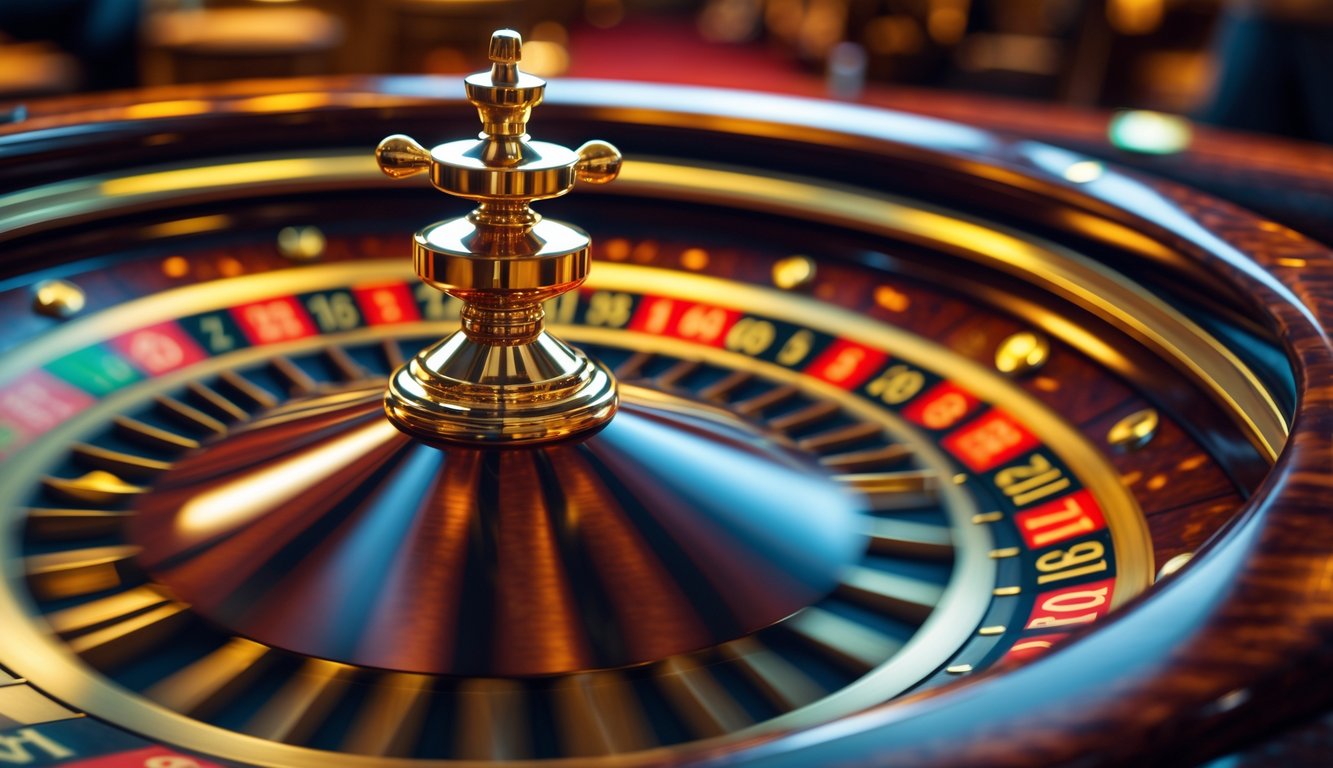 Meja roulette kasino dengan bola emas yang sedang berputar di roda roulette.