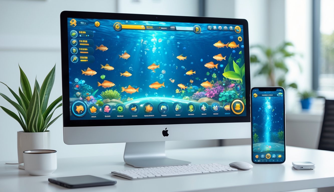 Layar komputer dan ponsel menampilkan permainan tembak ikan dengan grafis bawah laut yang berwarna-warni di atas meja kerja yang rapi.