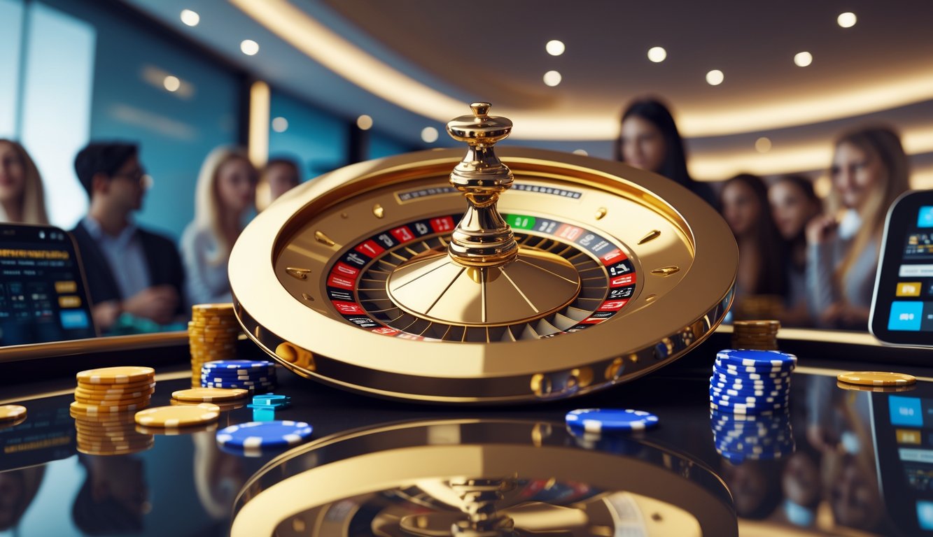 Roda roulette emas berputar dengan bola putih di atasnya, dikelilingi oleh antarmuka digital taruhan yang modern.