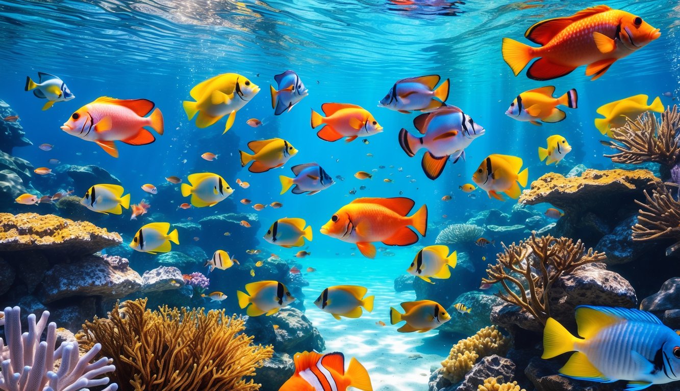 Pemandangan bawah laut dengan berbagai ikan tropis berwarna-warni berenang di antara terumbu karang dan tanaman laut.