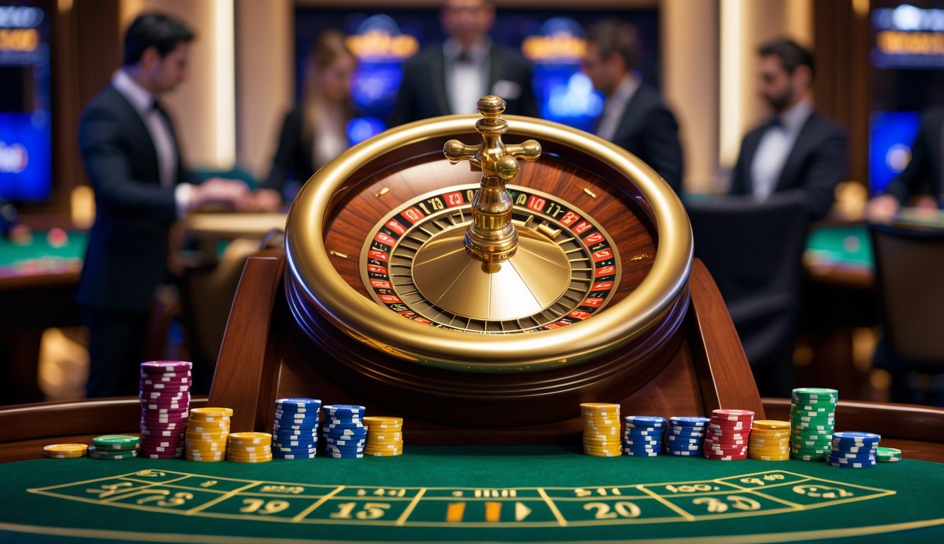 Meja roulette emas yang berputar di kasino dengan pemain dan dealer di latar belakang.