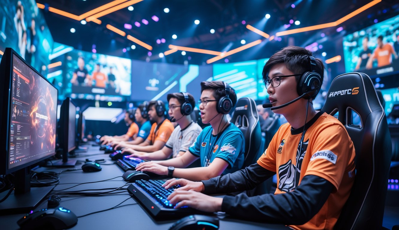 Sekelompok pemain e-sports sedang bertanding secara kompetitif di arena gaming dengan layar besar dan peralatan modern.