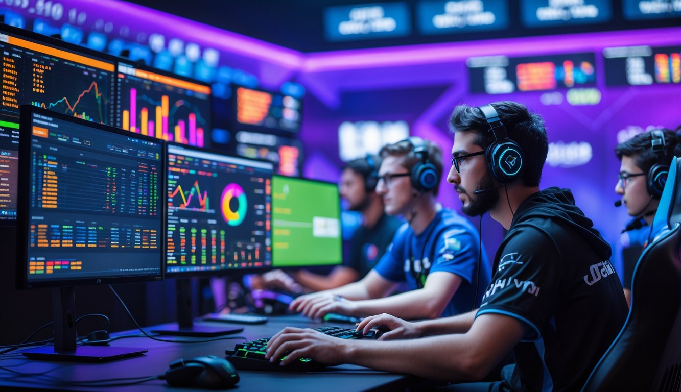 Sekelompok analis dan pemain e-sports sedang berdiskusi di depan monitor dengan data pertandingan dan statistik tim yang terlihat jelas.
