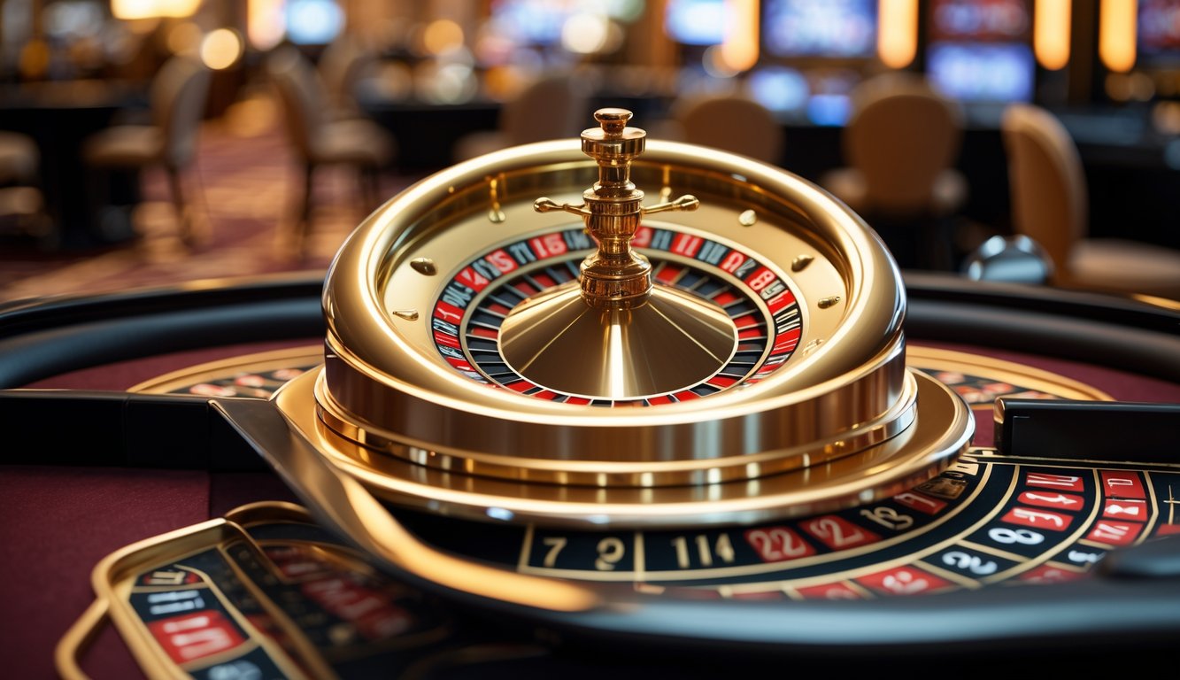Meja roulette dengan roda roulette berwarna emas yang berkilau di sebuah kasino.