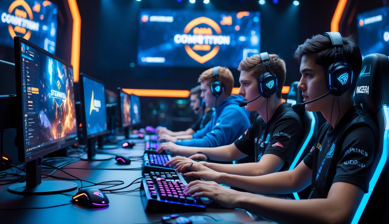 Sejumlah pemain e-sports profesional sedang bermain game populer di sebuah studio dengan peralatan gaming modern dan layar besar.