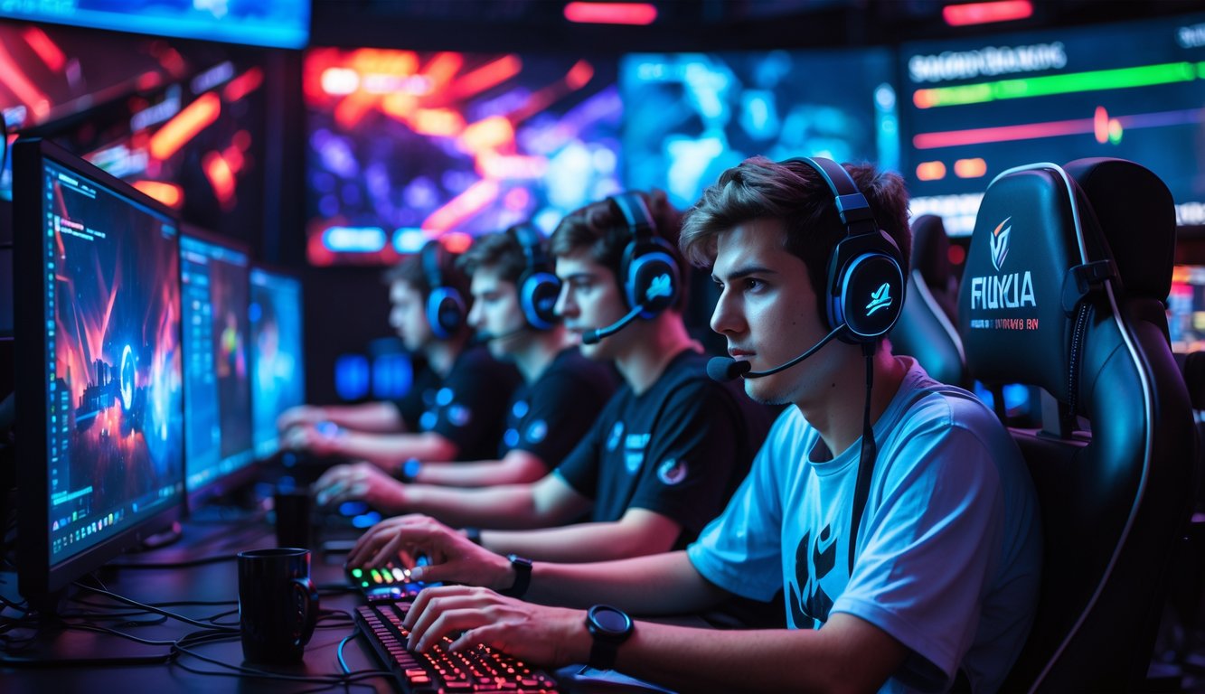 Sekelompok pemain e-sports profesional sedang fokus bermain di studio game modern dengan layar besar dan peralatan gaming canggih.