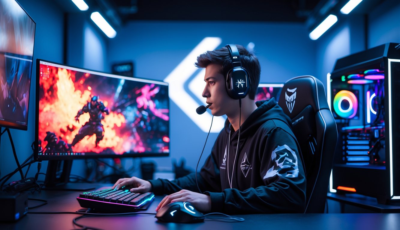 Seorang gamer muda fokus bermain di depan beberapa monitor dengan peralatan gaming modern di ruangan yang terang dan rapi.