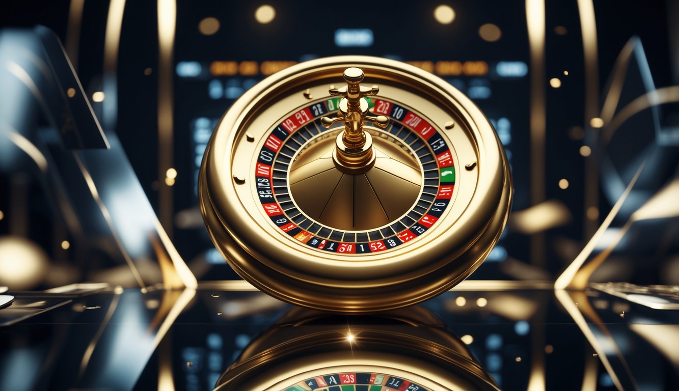 Roda roulette emas berputar dengan bola di atasnya dalam suasana kasino online.