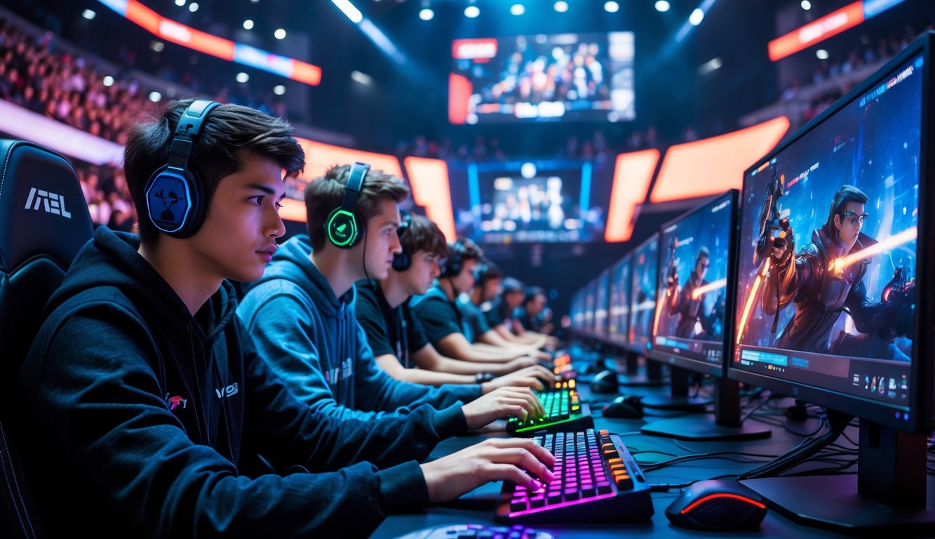 Sekelompok pemain muda fokus bermain game di meja gaming dengan layar besar dan lampu LED di latar belakang turnamen e-sports online.
