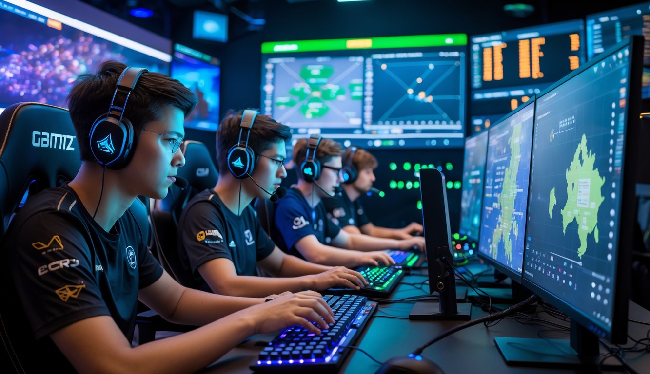 Sekelompok pemain e-sports profesional sedang bermain dan berdiskusi strategi di ruang game dengan komputer dan layar besar.