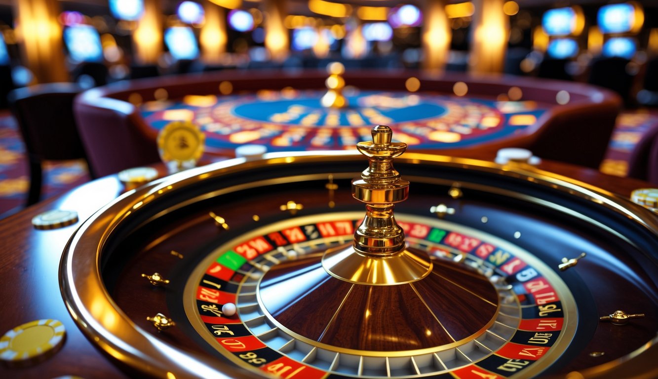Meja roulette kasino dengan bola emas yang sedang berputar di roda roulette.