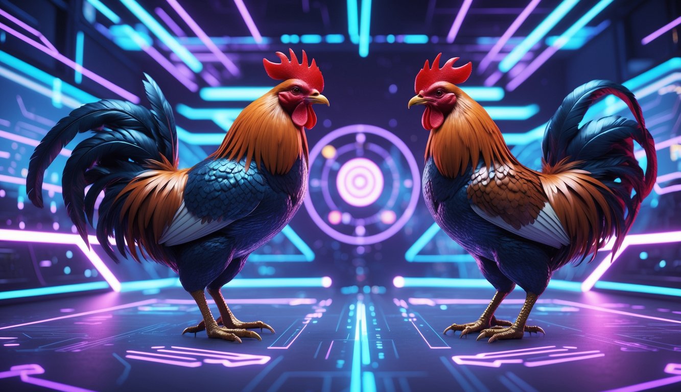 Dua ayam digital futuristik sedang bertarung di arena virtual dengan cahaya neon dan efek holografik.