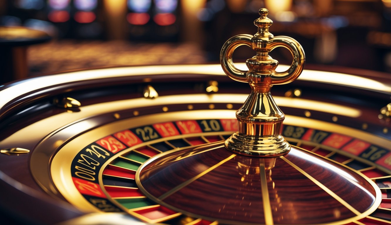 Sebuah roda roulette dengan bola emas yang berada di salah satu slot bernomor di kasino.