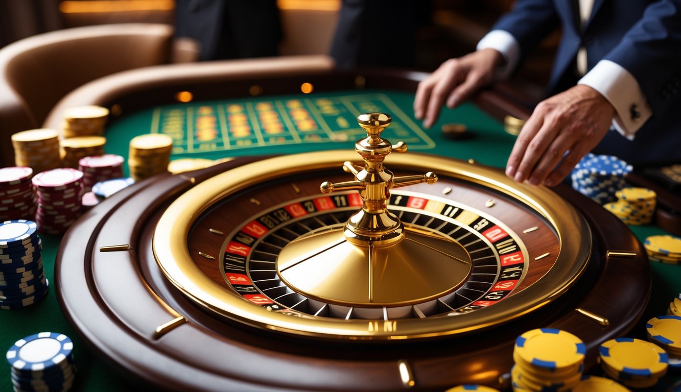 Meja kasino dengan roda roulette emas yang sedang berputar dan tangan dealer yang sedang memasang taruhan.