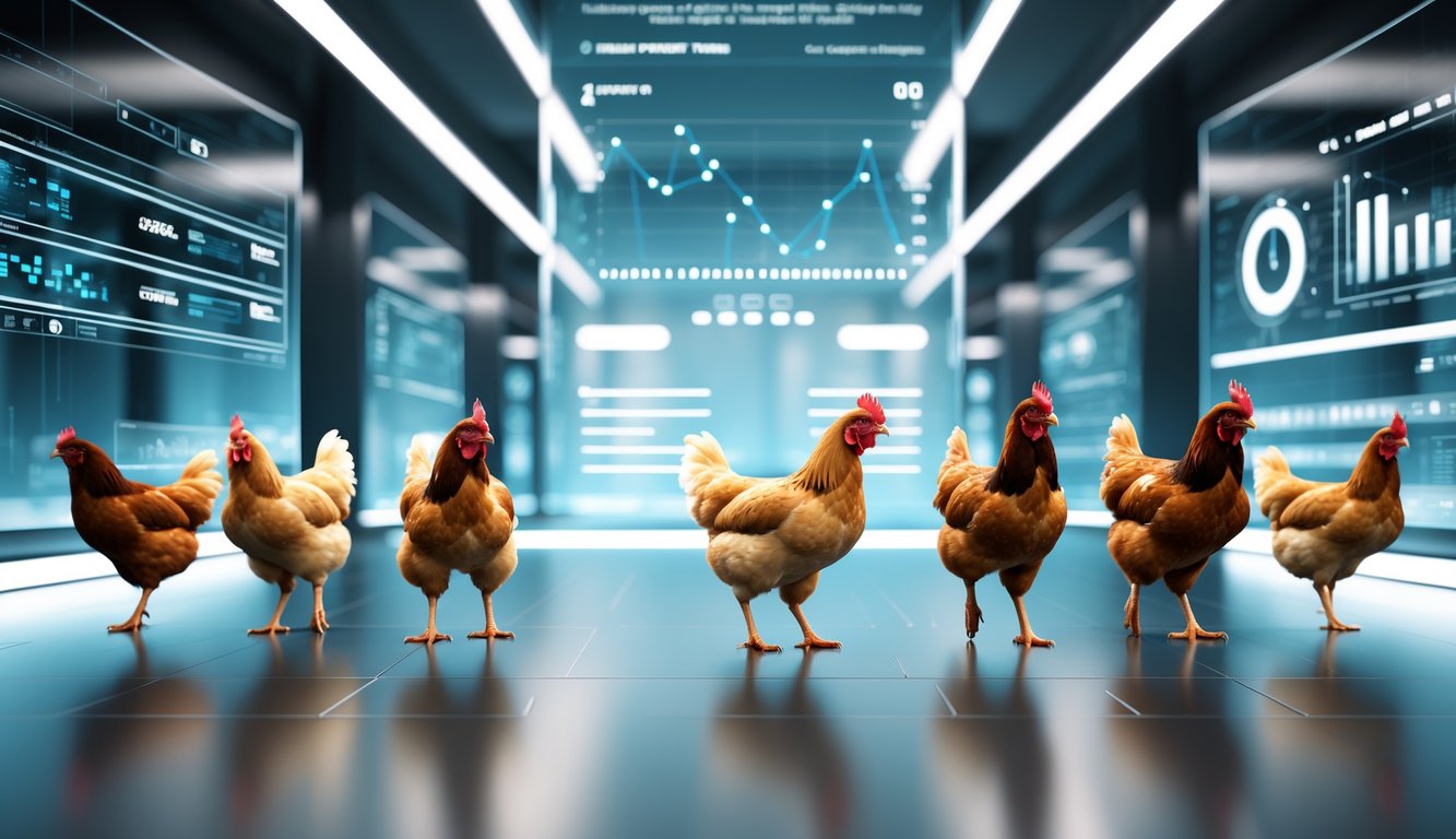 Beberapa ayam sehat terlihat di depan layar digital dengan tampilan data real-time, menggambarkan kompetisi online yang stabil.