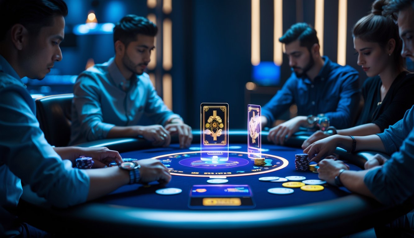 Beberapa pemain sedang bermain poker di meja digital modern dengan kartu dan chip holografik dalam ruangan yang redup dan bergaya.