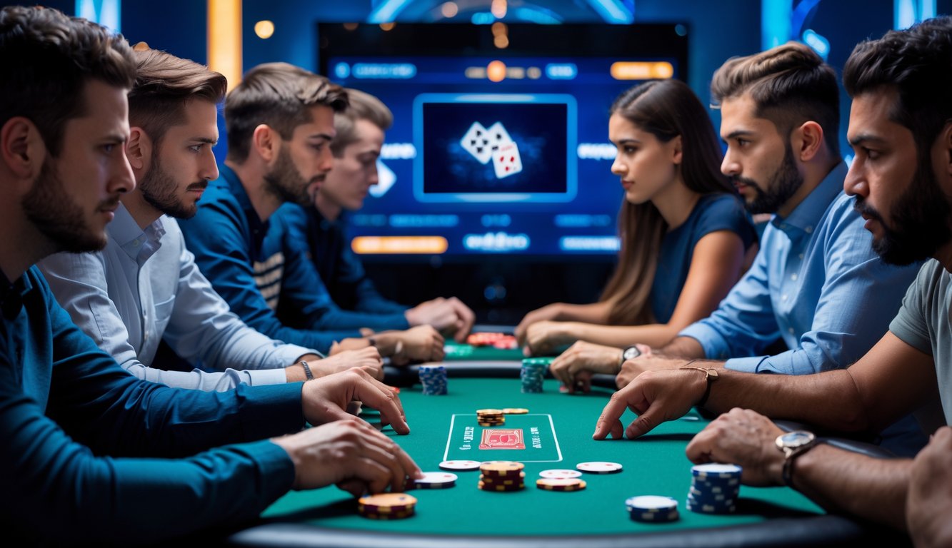 Beberapa pemain poker sedang bermain di meja poker modern dengan kartu dan chip, terlihat fokus dan serius.