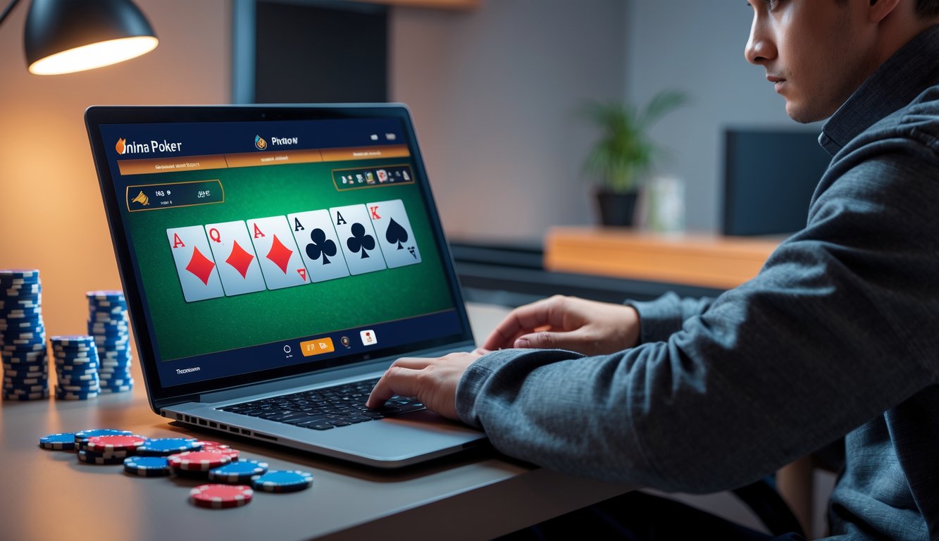 Seorang pemain muda duduk di depan laptop dengan kartu poker dan tumpukan chip di meja, fokus pada permainan poker online.