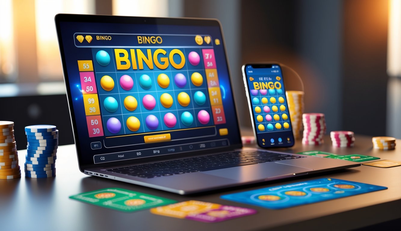 Seorang pengguna bermain bingo online di komputer dengan bola bingo dan kartu bingo digital terlihat di layar, dikelilingi oleh chip poker dan kartu remi di meja.