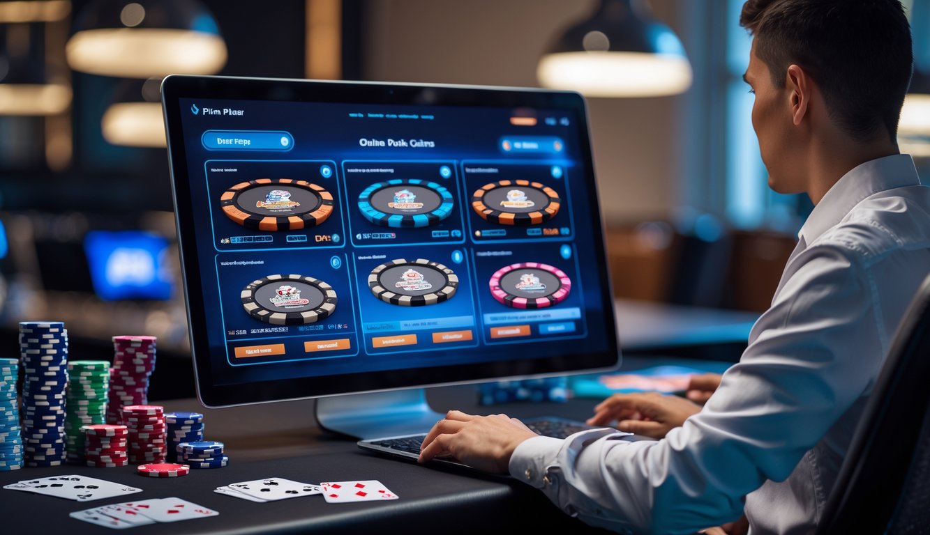Seorang pemain duduk di depan komputer dengan layar yang menampilkan beberapa meja poker online, dikelilingi chip dan kartu remi.