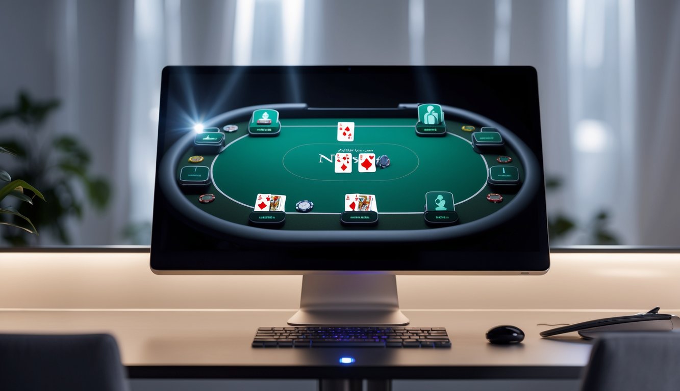 Meja poker digital profesional yang ditampilkan di layar komputer di ruang kerja modern dengan pencahayaan lembut.