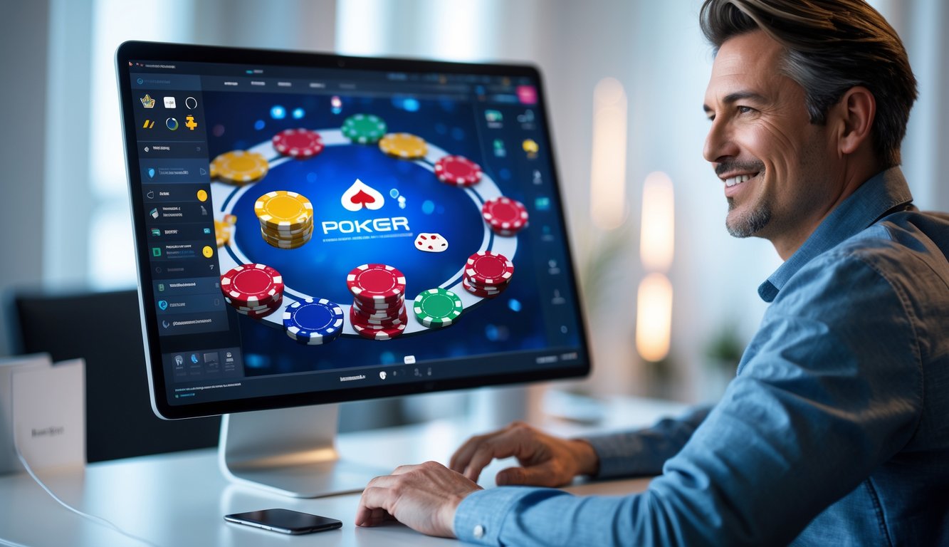 Seseorang duduk di depan komputer dengan tampilan permainan poker online di layar, di ruangan yang nyaman dan modern.