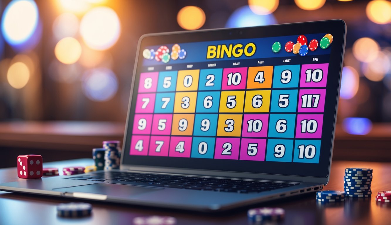 Seorang pengguna bermain bingo online di laptop dengan kartu bingo dan chip kasino di atas meja.