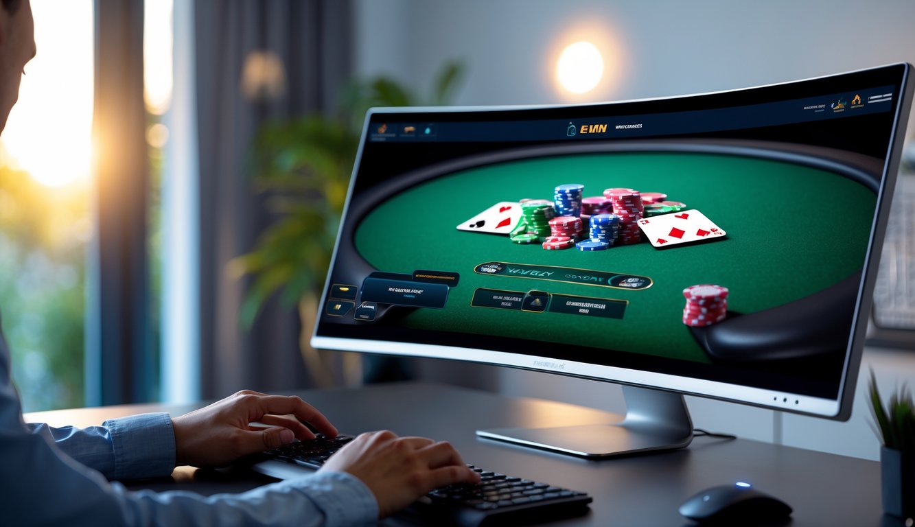 Seseorang menggunakan komputer dengan permainan poker online yang sedang berjalan di layar monitor di ruang kerja modern.