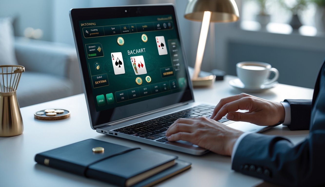 Seorang pemain sedang menggunakan komputer dengan tampilan permainan baccarat online di layar dalam suasana ruangan yang rapi dan terang.