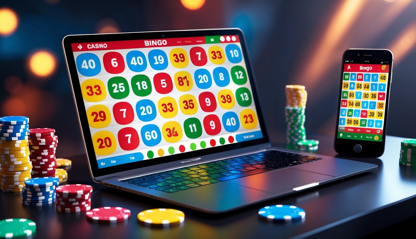 Sebuah laptop menampilkan permainan bingo online dengan kartu bingo berwarna-warni dan bola bingo, dikelilingi oleh chip poker dan dadu di atas meja.
