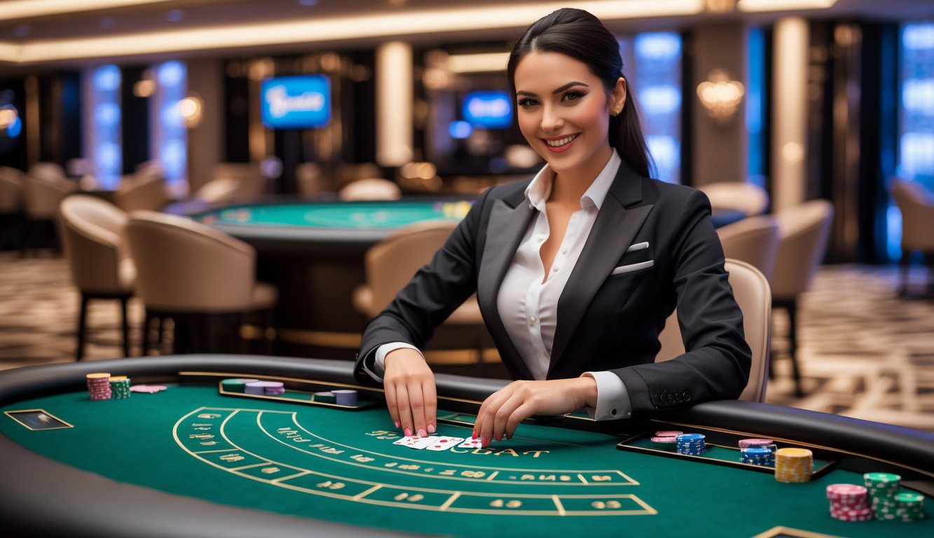 Seorang dealer profesional duduk di meja permainan baccarat yang elegan di dalam kasino modern.