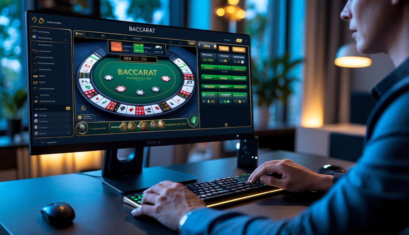 Seseorang bermain baccarat online di komputer dengan meja permainan langsung dan fitur interaktif di layar.