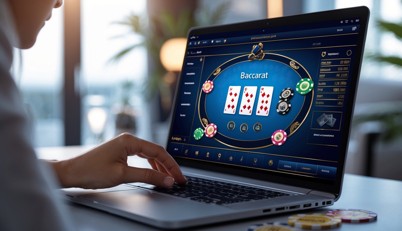 Seseorang bermain baccarat online di komputer dengan tampilan kartu dan chip di layar.