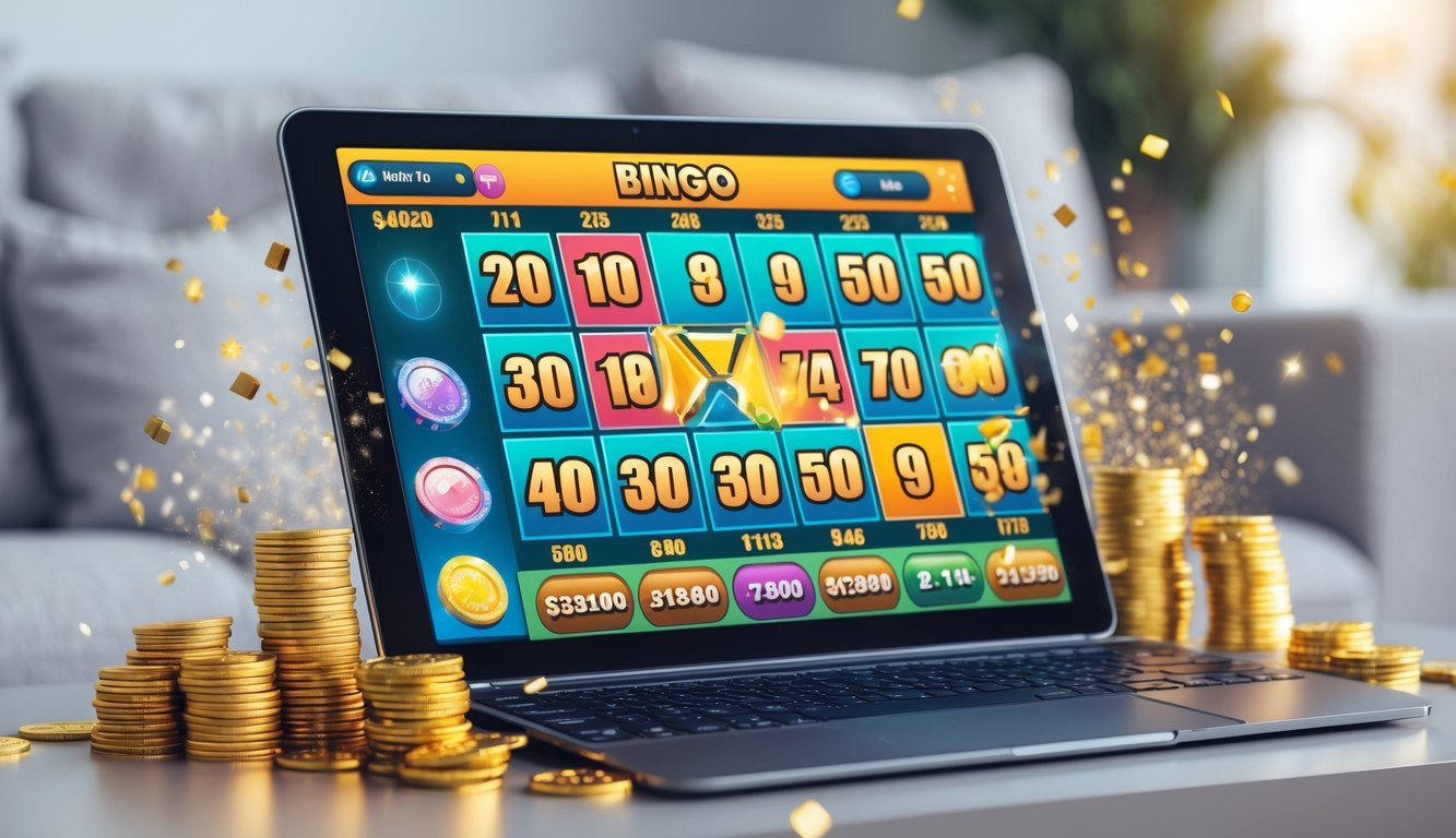 Seseorang bermain bingo online dengan layar perangkat yang menampilkan kartu bingo dan koin emas di sekitarnya.