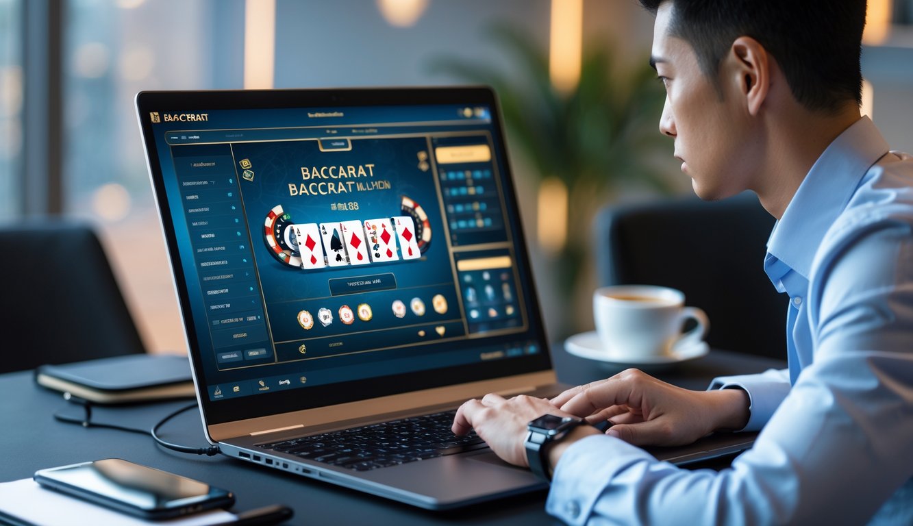 Seorang pria duduk di depan laptop yang menampilkan permainan baccarat online, fokus dan serius bermain di sebuah meja kerja modern.