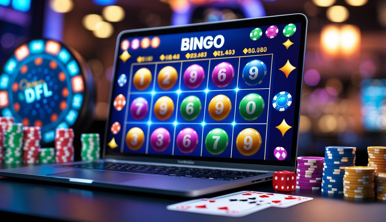 Seorang pria menggunakan laptop dengan permainan bingo online di layar, dikelilingi oleh chip kasino dan dadu di atas meja.