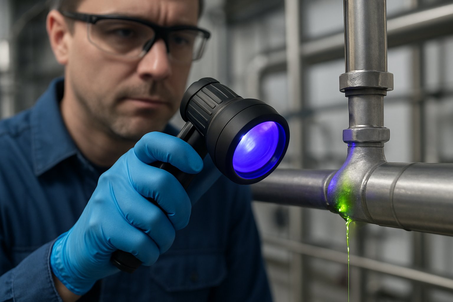 Technician using a handheld fluorescent dye leak detector shining UV light on a glowing green leak on a metal pipe in an industrial setting.