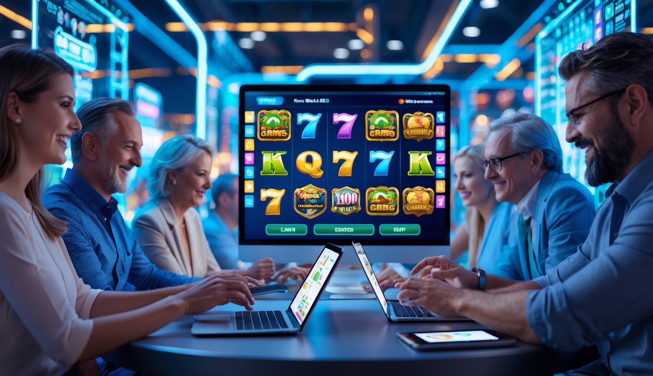 Beberapa orang dewasa menggunakan perangkat digital untuk bermain game slot online dengan antarmuka modern dan warna cerah.