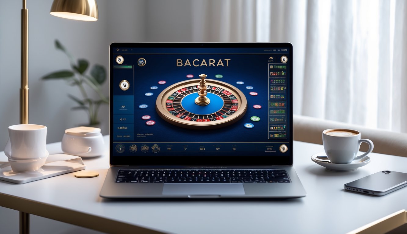 Seorang pengguna sedang bermain baccarat online di laptop dengan tampilan permainan yang jelas dan lingkungan kerja yang rapi.