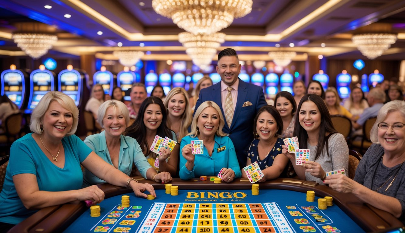 Sekelompok orang bermain bingo secara langsung di kasino dengan suasana ceria dan penuh semangat.