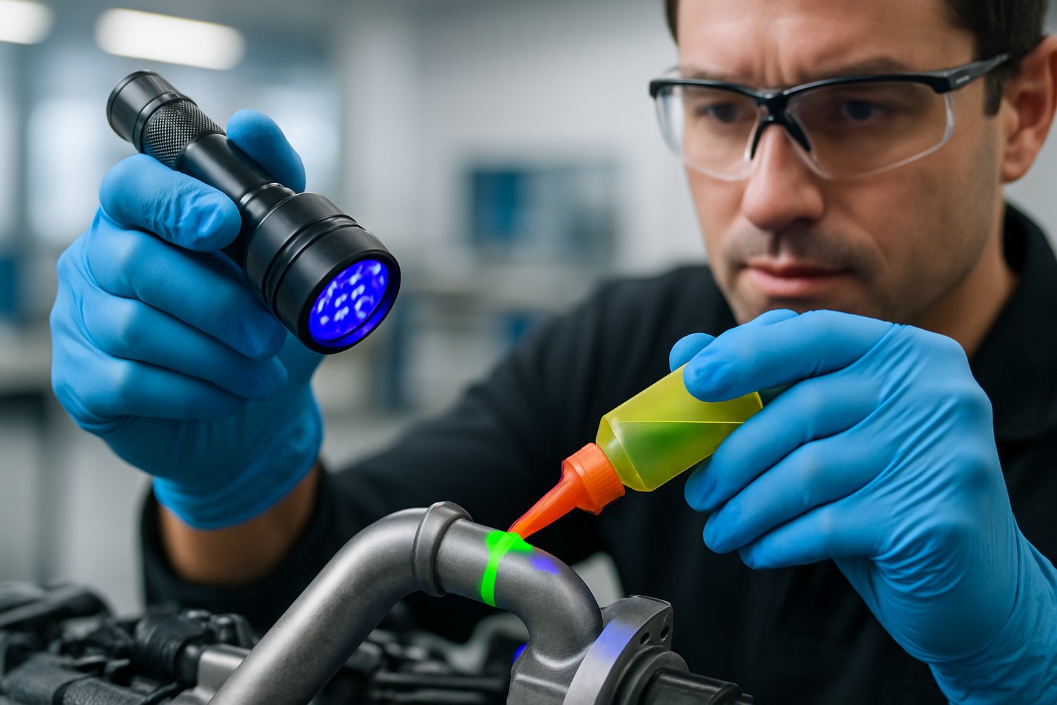 Technician applying fluorescent dye to a pipe and using a UV light to detect leaks in a workshop.