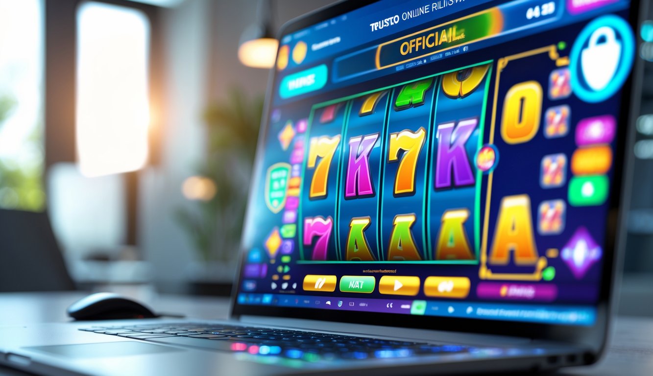 Layar komputer menampilkan permainan mesin slot online dengan latar belakang ruangan kerja yang terang dan modern.