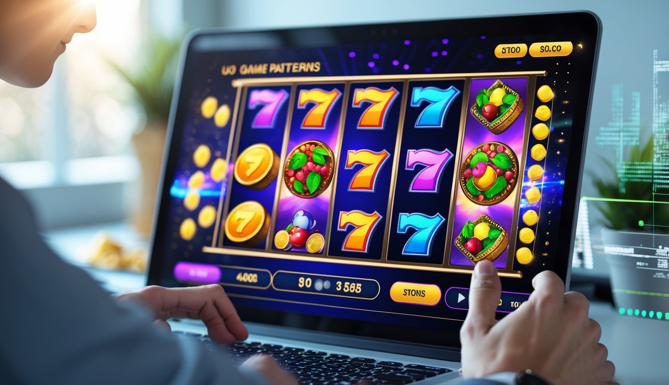 Seseorang menggunakan laptop dengan tampilan permainan slot online berwarna-warni di layar.