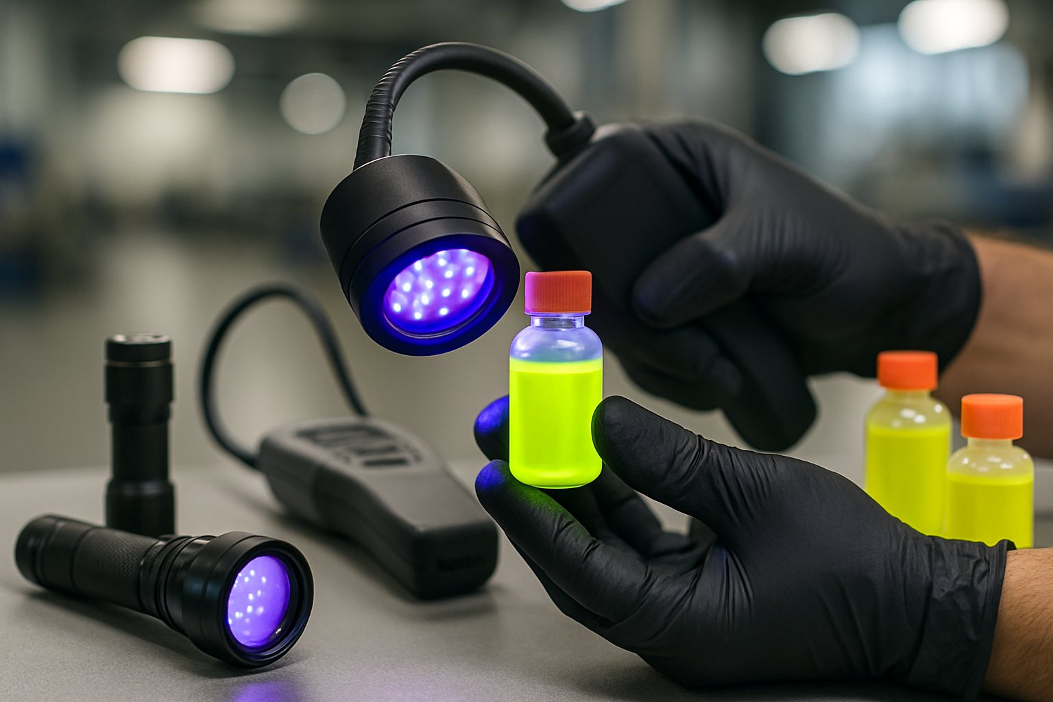 Hands holding a vial of fluorescent dye and a UV leak detection device on a workbench with other leak detection tools nearby.