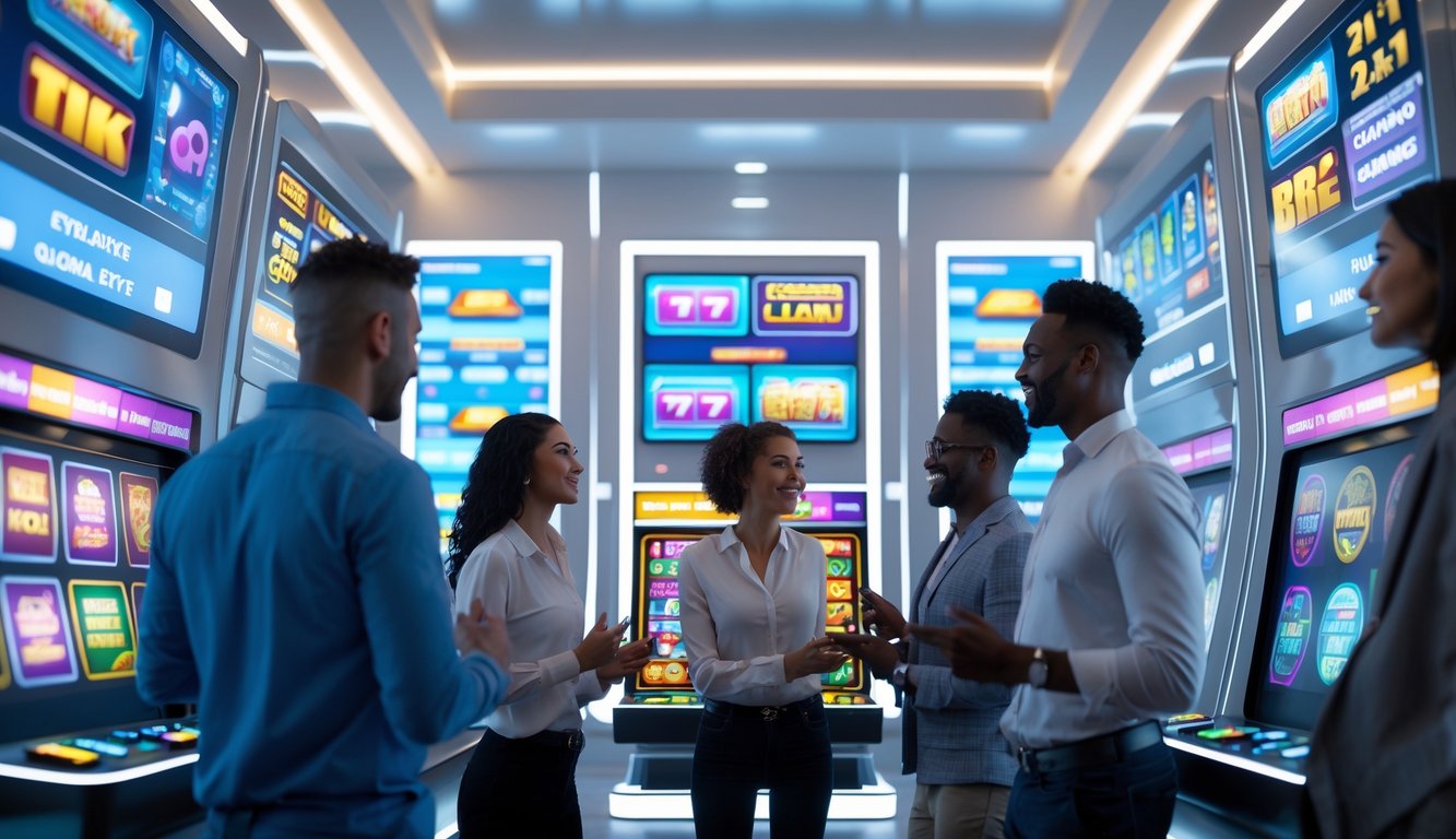 Beberapa orang menggunakan layar digital besar yang menampilkan permainan slot warna-warni dalam ruangan modern yang terang.